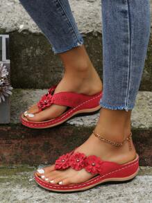 Dép xỏ ngón đế dày mũi nhọn thêu hoa cho nữ - Đỏ - Xem 4