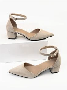 2025秋冬季女士优雅踝带高跟鞋，仿麂皮粗跟高跟鞋，优雅