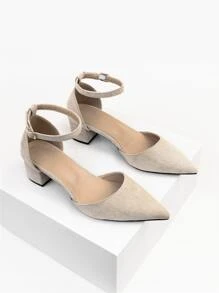 2025秋冬季女士优雅踝带高跟鞋，仿麂皮粗跟高跟鞋，优雅