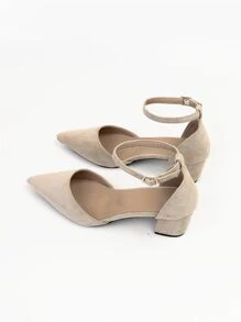 2025秋冬季女士优雅踝带高跟鞋，仿麂皮粗跟高跟鞋，优雅