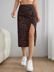 SHEIN PETITE 碎花高衩半身裙 - 黑色 - 查看 4