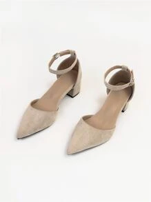 2025秋冬季女士优雅踝带高跟鞋，仿麂皮粗跟高跟鞋，优雅