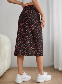 SHEIN PETITE 碎花高衩半身裙 - 黑色 - 查看 2