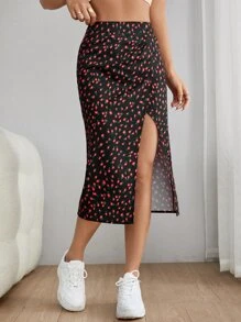 SHEIN PETITE 碎花高衩半身裙 - 黑色 - 查看 3