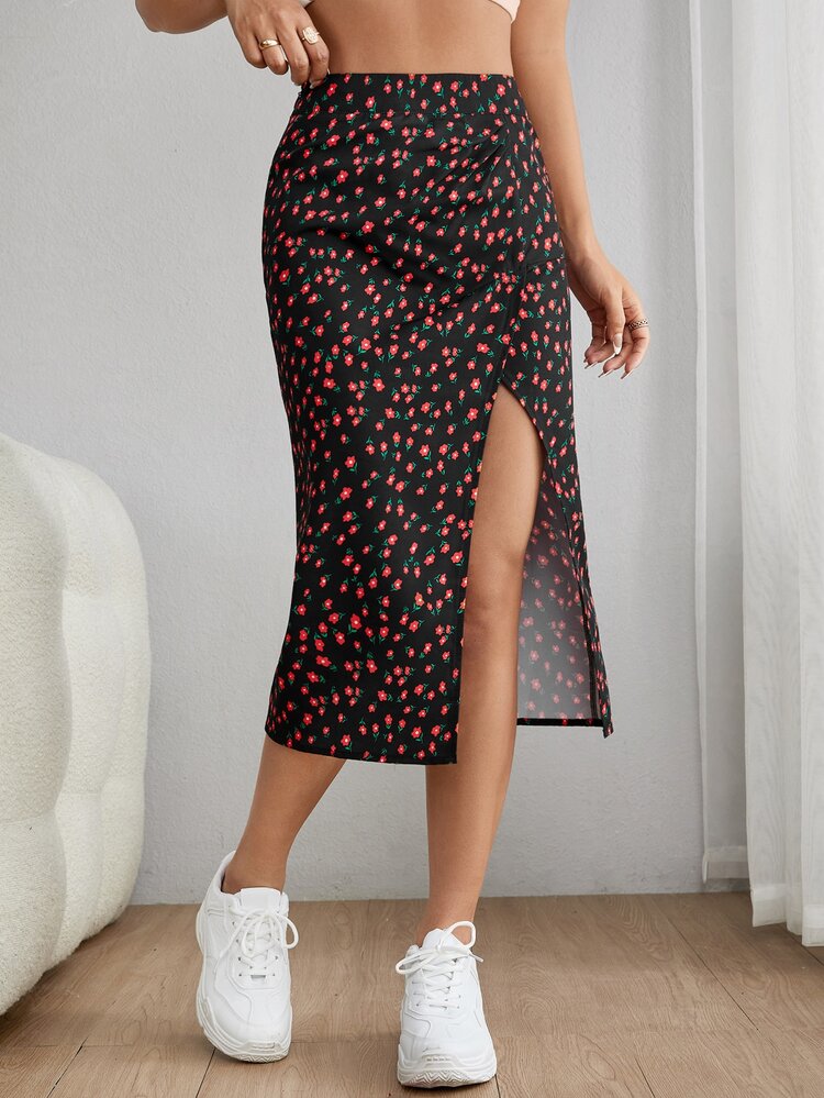 SHEIN PETITE Váy nữ Tách cao Họa tiết hoa Boho - màu đen - Xem 3