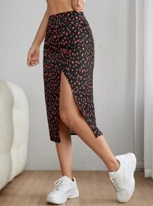 SHEIN PETITE 碎花高衩半身裙 - 黑色 - 查看 5