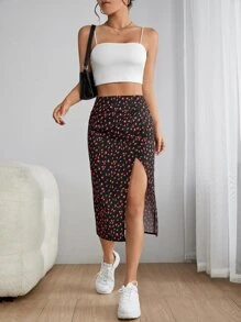 SHEIN PETITE 碎花高衩半身裙 - 黑色 - 查看 1