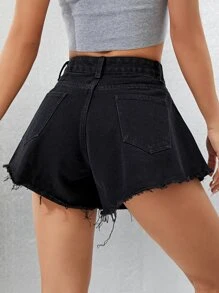 SHEIN EZwear Solid Raw Hem Wide Leg Denim Shorts - Black - View 1