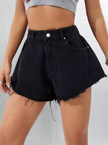 SHEIN EZwear Solid Raw Hem Wide Leg Denim Shorts - Black - View 2