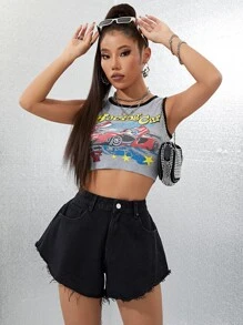 SHEIN EZwear Solid Raw Hem Wide Leg Denim Shorts - Black - View 3