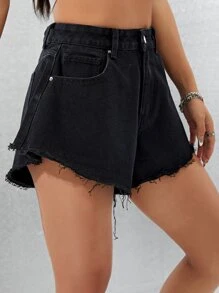SHEIN EZwear Solid Raw Hem Wide Leg Denim Shorts - Black - View 5