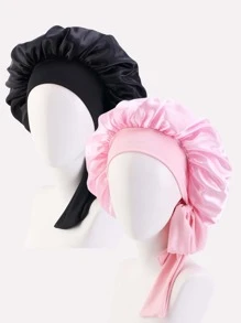 2pcs Solid Hair Bonnet Silk Bonnet Satin Bonnet Bow - Multicolor - View 3