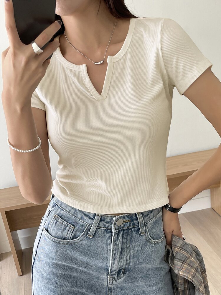 Solid Notched Neck Tee,Crop Tops Women