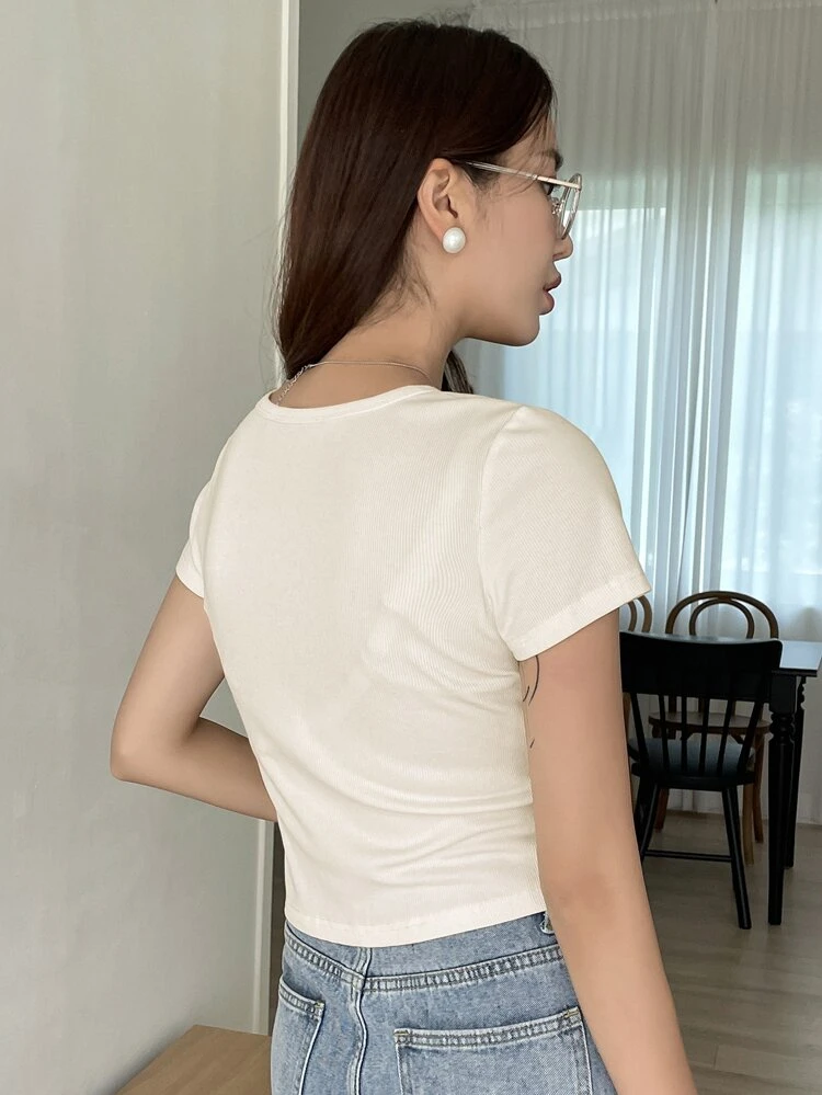 Solid Notched Neck Tee,Crop Tops Women