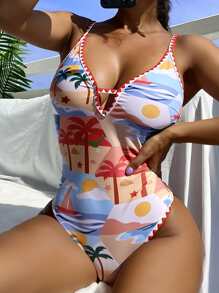 椰子樹圖案包縫細節撞色滾邊連體泳衣 - 彩色 - 查看 1