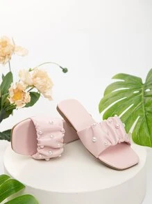 Preppy Slides For Girls, Faux Pearl Decor Ruched Detail Single Band Slippers - Pink - View 1