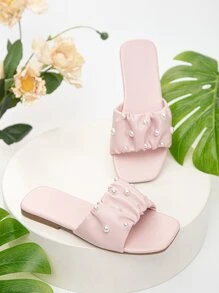 Preppy Slides For Girls, Faux Pearl Decor Ruched Detail Single Band Slippers - Pink - View 2