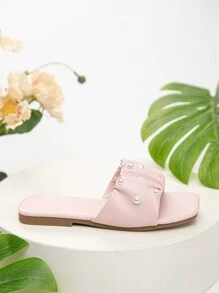 Preppy Slides For Girls, Faux Pearl Decor Ruched Detail Single Band Slippers - Pink - View 3