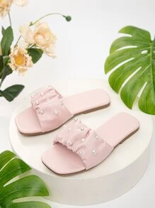 Preppy Slides For Girls, Faux Pearl Decor Ruched Detail Single Band Slippers - Pink - View 4