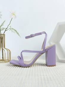 女士交叉高跟踝帶粗跟優雅涼鞋