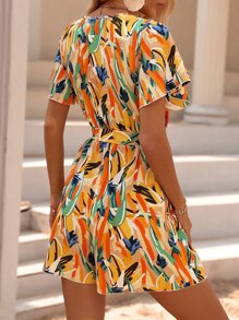 Breezaya Allover Print Butterfly Sleeve Belted Romper - Multicolor - View 2