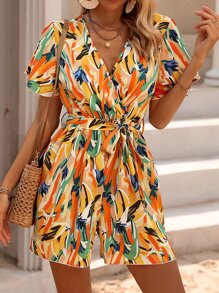 Breezaya Allover Print Butterfly Sleeve Belted Romper - Multicolor - View 5