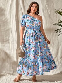 SHEIN VCAY Đầm Plus Size Thắt lưng Viên lá sen Hoa Boho - Nhiều màu - Xem 1