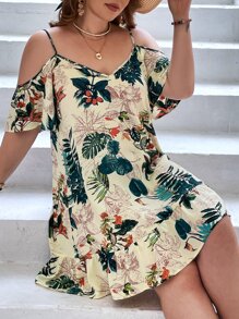 SHEIN VCAY Plus Tropical Print Cold Shoulder Ruffle Hem Dress