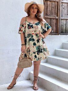 SHEIN VCAY Plus Tropical Print Cold Shoulder Ruffle Hem Dress