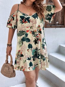 SHEIN VCAY Plus Tropical Print Cold Shoulder Ruffle Hem Dress