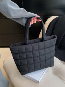 時尚刺繡線手提帆布袋，女士手提袋 - 黑色 - 查看 1