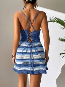 Selianne Striped Pattern Cut Out Twist Front Cover Up Dress,Summer Beach - Blue and White - View 2