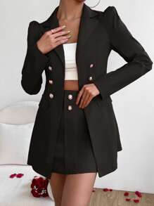 Chiquease Double Breasted Flap Detail Blazer & Skirt Fall Cloth For Women - Black - View 3