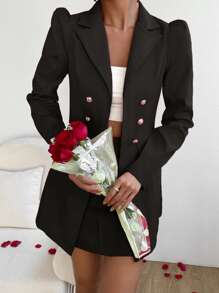 Chiquease Double Breasted Flap Detail Blazer & Skirt Fall Cloth For Women - Black - View 4