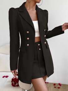 Chiquease Double Breasted Flap Detail Blazer & Skirt Fall Cloth For Women - Black - View 5