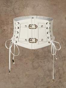 ROMWE Studded Decor Grommet Lace Up Front Corset Belt - White - View 2