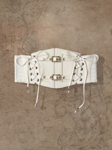 ROMWE Studded Decor Grommet Lace Up Front Corset Belt - White - View 3
