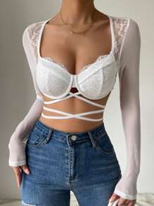 SHEIN Allurite Áo nữ Tương phản ren cắt Hội Chữ thập Buộc lại màu trơn Gợi cảm - trắng - Xem 1