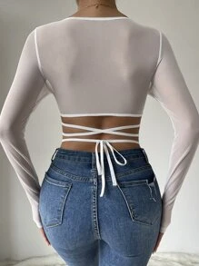 SHEIN Allurite Áo nữ Tương phản ren cắt Hội Chữ thập Buộc lại màu trơn Gợi cảm - trắng - Xem 2