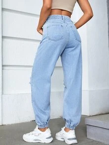 High Waist Ripped Jogger Jeans - Light Wash - View 2