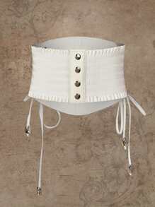 ROMWE Studded Decor Grommet Lace Up Front Corset Belt - White - View 4