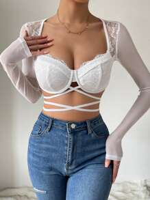 SHEIN Allurite Áo nữ Tương phản ren cắt Hội Chữ thập Buộc lại màu trơn Gợi cảm - trắng - Xem 3