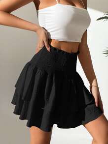 Pariaura Paperbag Waist Two Layer Hem Smocked Skirt - Black - View 4