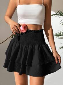 Pariaura Paperbag Waist Two Layer Hem Smocked Skirt - Black - View 5