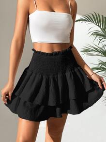 Pariaura Paperbag Waist Two Layer Hem Smocked Skirt - Black - View 6