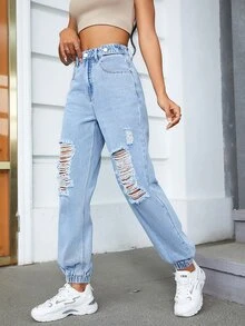High Waist Ripped Jogger Jeans - Light Wash - View 5