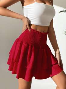 Pariaura Váy nữ viền lá sen phân lớp Dải chun màu trơn Boho - Đỏ - Xem 3