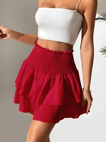 Pariaura Váy nữ viền lá sen phân lớp Dải chun màu trơn Boho - Đỏ - Xem 4