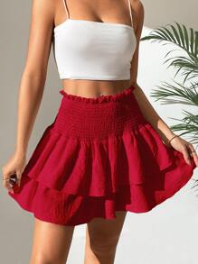 Pariaura Váy nữ viền lá sen phân lớp Dải chun màu trơn Boho - Đỏ - Xem 6