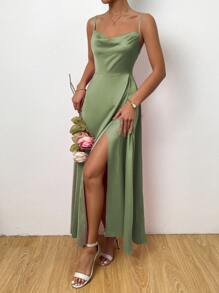 Zolique Draped Collar Split Thigh Cami Dress